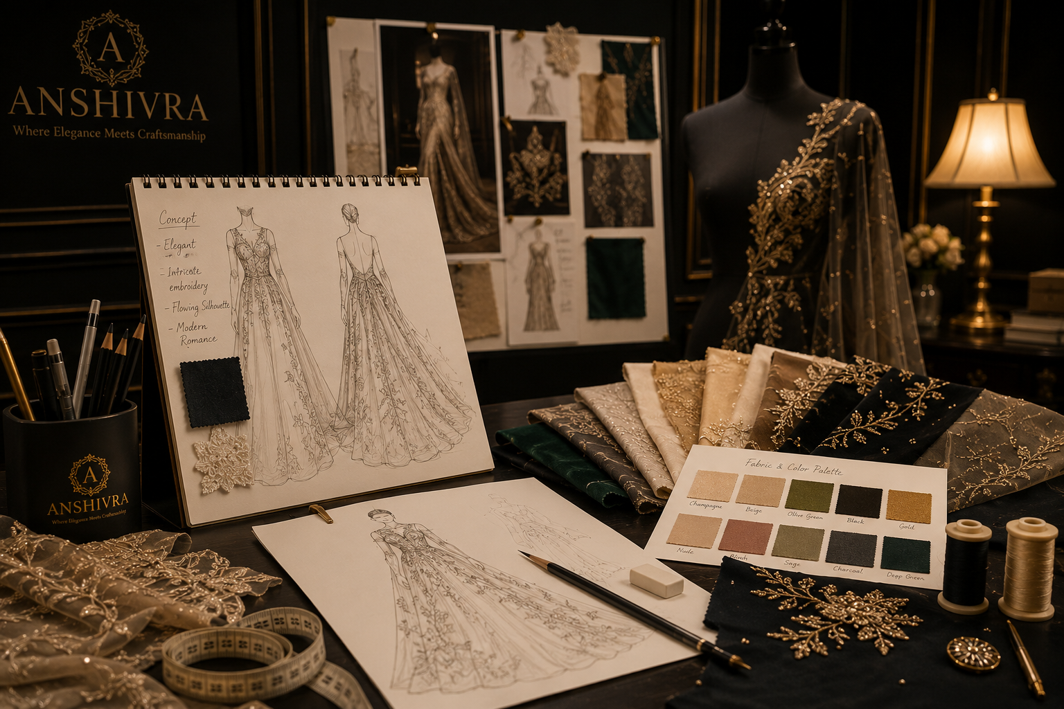 Haute Couture Fashion Design Sketch and Fabrics